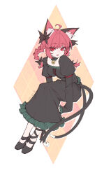 1girl absurdres ahoge animal_ear_fluff animal_ears bell black_bow black_dress black_shoes bow braid cat_ears cat_girl cat_tail cdd032506 cross-laced_clothes dress fangs hair_bow highres juliet_sleeves kaenbyou_rin leg_ribbon long_sleeves looking_at_viewer medium_hair multiple_tails neck_bell open_mouth orange_background puffy_sleeves red_eyes red_hair ribbon shoes side_braids slit_pupils solo tail touhou twin_braids two_tails white_background