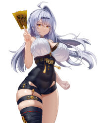 1220060931 1girl absurdres ahoge black_shorts black_thighhighs breasts commentary_request grey_hair high-waist_shorts highres holding holding_paper large_breasts looking_at_viewer ofuda paper shorts simple_background single_hair_intake single_thighhigh solo thighhighs thighs white_background yellow_eyes yi_xuan_(zenless_zone_zero) zenless_zone_zero