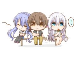 ... 1boy 2girls :&lt; :o black_pantyhose blue_eyes blue_hair blush braid brown_eyes brown_hair chibi chibi_only closed_eyes closed_mouth clothing_aside collared_shirt commentary_request crown_braid dress eyes_visible_through_hair food frown full_body girl_sandwich grey_shirt hair_between_eyes holding holding_food holding_popsicle jealous long_hair looking_at_viewer multiple_girls naruse_shiroha on_bench open_clothes open_mouth open_shirt pantyhose popsicle sandwiched shirt short_dress short_hair short_sleeves side-by-side sidelocks simple_background sitting sorakado_ao speech_bubble spoken_ellipsis summer_pockets sweatdrop takahara_hairi ura_(ura-tennislove) v-shaped_eyebrows very_long_hair watermelon_bar white_background white_dress white_hair white_shirt