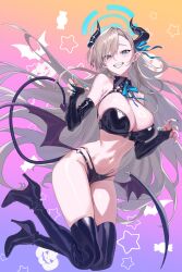 1girl absurdres asuna_(blue_archive) asymmetrical_bangs bare_shoulders bat_background black_boots black_bra black_choker black_panties blue_archive blue_eyes blue_halo blue_nails blue_ribbon blush boots bra breasts choker demon_girl demon_horns demon_tail demon_wings detached_collar fangs fingernails full_body gradient_background grin halloween halo hidis0086 highres horns large_breasts light_brown_hair long_fingernails long_hair looking_at_viewer mole mole_on_breast nail_polish navel panties pointy_ears pumpkin ribbon shiny_clothes shiny_skin smile solo star_(symbol) star_symbol_background tail teeth thigh_boots thighs underwear very_long_hair wings