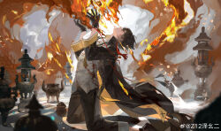 1boy absurdres arched_back bead_necklace beads black_coat black_gloves black_hair black_pants black_shoes blood blood_on_clothes blood_on_face censer chinese_clothes coat earrings fire from_side full_body gloves guilongchao hair_between_eyes hands_up highres holding holding_jewelry holding_necklace incense_burner jewelry kneeling long_sleeves looking_up male_focus necklace on_floor open_clothes open_coat pants parted_lips profile red_eyes shirt shoes short_hair sleeve_cuffs smoke solo talisman tangzhuang tassel tassel_earrings untucked_shirt watermark weibo_watermark white_shirt z12_ze_yao_er zhu_(guilongchao)