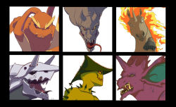 aerodactyl aggron black_border border brown_eyes cacturne commentary creature english_commentary fangs fiery_hair fire from_side furry gen_1_pokemon gen_3_pokemon gen_4_pokemon horns looking_at_viewer looking_to_the_side lopunny mean_look_(pokemon) nidoking nintendo one_eye_closed pokemon pokemon_(creature) pokemon_move profile rapidash sharp_teeth single_horn spikes teeth tongue tongue_out totodiletears unicorn whiskers