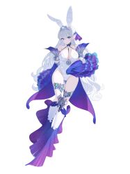 1girl absurdres alternate_costume animal_ears blue_eyes breasts cleavage detached_sleeves duel_monster fake_animal_ears fins fish_girl full_body grey_hair head_fins heichi highres kitkallos_(yu-gi-oh!) large_breasts leotard lock long_hair padlock playboy_bunny pointy_ears rabbit_ears sleeves_past_wrists solo tearlaments_kitkallos tiara yu-gi-oh!