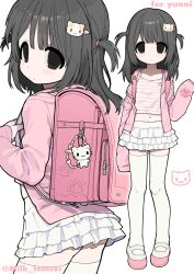 1girl :3 absurdres arm_at_side ass backpack bag black_eyes black_hair blunt_bangs child closed_mouth commission contrapposto english_text expressionless eyebrows_hidden_by_hair flat_chest frills from_behind from_side hand_up heisei_retro highres hood hoodie layered_skirt light_blush long_hair looking_at_viewer looking_back mary_janes midriff milk_(milk319319) multiple_views navel original paw_print pigeon-toed pink_hoodie randoseru shoes simple_background skeb_commission skirt sleeves_past_fingers sleeves_past_wrists standing thighhighs two_side_up white_background white_skirt white_thighhighs