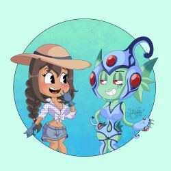 2girls armor colored_skin cutiecartoony digimon digimon_(creature) fins frog_girl gloves green_skin hat head_fins helmet looking_at_another monster_girl multiple_girls ranamon red_eyes straw_hat