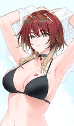 Rule 34 | 1girl, aketa mikoto, armpits, arms up, bikini, black bikini, black choker, breasts, brown hair, choker, collarbone, commentary request, eyewear on head, gradient hair, highres, idolmaster, idolmaster shiny colors, large breasts, lipstick mark, lipstick mark on breast, looking at viewer, multicolored hair, navel, nonbire, simple background, solo, string bikini, swimsuit, upper body, white background