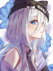 1girl absurdres alternate_costume black_bow black_choker black_hat black_necktie blue_eyes blue_flower bow choker collared_shirt commentary detached_sleeves eyes_visible_through_hair flower hair_between_eyes hair_over_shoulder hat hat_bow highres jewelry kaga_sumire light_blush long_hair looking_at_viewer necklace necktie parted_lips portrait profile shirt single_bare_shoulder skull skull_necklace sleeveless sleeveless_shirt solo sowon_(sowonhae) virtual_youtuber vspo! white_bow white_hair