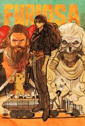 Rule 34 | beard, brown hair, commentary request, copyright name, dementus, facial hair, full body, furiosa: a mad max saga, goggles, goggles around neck, gun, hair slicked back, highres, holding, holding gun, holding wand, holding weapon, immortan joe, imperator furiosa, jacket, long hair, looking at viewer, looking to the side, mad max, motor vehicle, mustache, people, takeuchi ryousuke, truck, wand, weapon, white hair