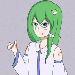 1girl blue_eyes bruise bruised_eye frog_hair_ornament green_hair hair_ornament highres injury kochiya_sanae light_smile non-web_source shirt sleeveless sleeveless_shirt thumbs_up touhou