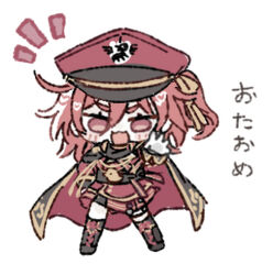 1girl aiguillette black_boots black_cape boots cape chibi epaulettes fringe_trim gloves hair_between_eyes hair_ribbon hat jacket lace-up_boots long_sleeves medium_hair military_uniform one_side_up ongeki ousaka_akane red_cape red_eyes red_hair red_hat ribbon solo thigh_boots two-sided_cape two-sided_fabric user_xung8854 white_gloves yellow_ribbon
