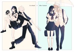 1boy 1girl arm_behind_back bag baggy_pants bandaid bandaid_on_cheek bandaid_on_face baseball baseball_bat baseball_glove black_hair blonde_hair blue_sailor_collar blue_scrunchie blue_skirt bracelet breasts brown_shoes closed_eyes closed_mouth cloud_strife cloud_strife_(midgard_seventh_high_school) collared_shirt commentary_request couple cropped_shirt earrings facing_another facing_to_the_side final_fantasy final_fantasy_vii final_fantasy_vii_ever_crisis foot_up full_body gakuran hair_ornament hair_scrunchie hairclip hand_in_pocket height_difference highres holding holding_bag holding_baseball_bat holding_umbrella imminent_kiss jacket jewelry kiss kneehighs long_hair long_sleeves low-tied_long_hair medium_breasts midriff_peek miniskirt mixmomo_yah multiple_views neckerchief official_alternate_costume open_clothes open_jacket pants pleated_skirt red_neckerchief sailor_collar school_uniform scrunchie serafuku shared_umbrella shirt shoes short_hair short_sleeves shoulder_bag skirt sleeves_rolled_up socks spiked_hair standing standing_on_one_leg swinging_baseball_bat tifa_lockhart tifa_lockhart_(midgard_seventh_high_school) umbrella walking white_serafuku white_shirt white_socks