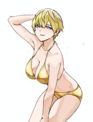 1girl alternate_costume arm_up bikini blonde_hair blue_eyes breasts cleavage collarbone commentary gold_bikini highres izumo_tenka large_breasts looking_at_viewer mato_seihei_no_slave multicolored_hair saikiseiya short_hair simple_background solo sweat swimsuit symbol-only_commentary two-tone_hair virtual_youtuber white_background