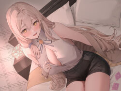1girl :d absurdres arm_support bed black_shorts blush breasts brown_cardigan brown_eyes brown_hair cardigan cleavage collared_shirt condom condom_wrapper hair_between_eyes hair_over_shoulder hanamaru_tsubaki highres indoors large_breasts long_hair looking_at_viewer on_bed open_mouth original pillow shirt shirt_tucked_in short_shorts shorts sitting sleeveless sleeveless_shirt smile solo thighs very_long_hair white_shirt