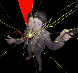 1boy adachi_tooru arm_up black_background black_eyes black_hair breaking broken_glass brown_footwear fourth_wall glass glass_shards grey_jacket grey_pants gun highres holding holding_gun holding_weapon jacket light_smile looking_to_the_side morrisuit necktie pants persona persona_4 red_necktie solo weapon yellow_eyes