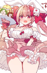 animal_ears blush bow breasts character_doll cleavage commentary dejiko di_gi_charat dice_hair_ornament doll dress hair_bow hair_ornament highres holding holding_tray large_breasts long_hair open_mouth panties pink_dress pink_hair puchiko rabbit_day rabbit_ears red_bow ringo_sui simple_background sweat symbol-only_commentary tray twintails underwear usada_hikaru white_background white_panties