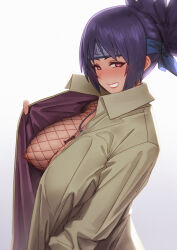 1girl black_hair bodystocking breast_slip breasts brown_coat brown_eyes coat covered_erect_nipples fishnet_bodystocking fishnets flashing forehead_protector heart heart-shaped_pupils highres huge_breasts jewelry konohagakure_symbol mitarashi_anko naruto_(series) necklace no_bra open_clothes open_coat qingmingtongzi smile solo symbol-shaped_pupils trench_coat