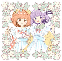 2girls :d apron bell checkered_clothes checkered_kimono closed_mouth flower green_kimono hair_flower hair_ornament happy hieda_no_akyuu highres japanese_clothes jingle_bell kimono maid_apron motoori_kosuzu multiple_girls muzukite open_mouth orange_eyes orange_hair potato_wedges purple_eyes purple_hair red_kimono smile touhou white_kimono yellow_kimono