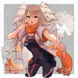 1girl black_bodysuit blue_eyes bodysuit border brown_hair commentary_request cosplay eunie_(xenoblade) grey_background head_wings highres kyosuke1413koba long_hair long_scarf open_mouth orange_scarf origami outside_border scarf signature solo standing taion_(xenoblade) taion_(xenoblade)_(cosplay) watermark white_border wings xenoblade_chronicles_(series) xenoblade_chronicles_3