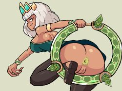 1girl animated animated_gif anus ass bare_shoulders breasts chakram cleft_of_venus crown dark_skin huge_weapon jewelry league_of_legends medium_breasts necklace orange_eyes pussy qiyana_(league_of_legends) tagme valmar weapon white_hair wide_hips