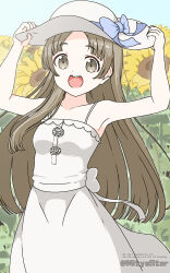 1girl :d arms_up bare_arms bare_shoulders blue_sky blush bow breasts brown_eyes brown_hair commentary day dress english_text flower gakuen_idolmaster grey_hat hands_on_headwear hat highres idolmaster kuramoto_china long_hair looking_at_viewer mitya open_mouth outdoors parted_bangs round_teeth sky sleeveless sleeveless_dress small_breasts smile solo sun_hat sunflower teeth twitter_username upper_teeth_only very_long_hair watermark white_bow white_dress yellow_flower