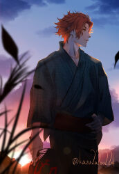 1boy alternate_costume blue_kimono brown_eyes closed_mouth cloud cloudy_sky commentary_request dusk feet_out_of_frame fire_emblem fire_emblem:_three_houses hand_fan hand_on_own_hip highres holding holding_fan japanese_clothes kazu20200224 kimono male_focus mountainous_horizon nintendo obi orange_hair outdoors profile sash short_hair sky smile solo standing sylvain_jose_gautier twitter_username wavy_hair wheat yukata