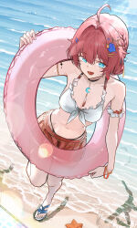Rule 34 | 1girl, absurdres, ahoge, alternate costume, bare legs, bare shoulders, beach, bikini, black bikini, blue eyes, braid, breasts, cleavage, commentary, danjin (wuthering waves), english commentary, frilled bikini top, front-tie bikini top, front-tie top, hair intakes, hair ornament, highres, holding, holding swim ring, innertube, jewelry, legs, long hair, looking at viewer, medium breasts, mismatched bikini, navel, ocean, open mouth, red hair, red skirt, revision, ryeon (naturesan), sand, sandals, short hair, skirt, smile, standing, standing on one leg, stomach, swim ring, swimsuit, tacet mark (wuthering waves), thighlet, toes, white bikini, wuthering waves