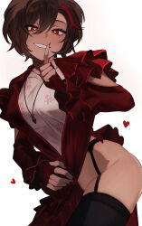 absurdres dress garter_belt heart heart-shaped_pupils highres jewelry la_manchaland_(identity)_(project_moon) limbus_company multicolored_hair necklace outis_(project_moon) project_moon red_dress red_eyes streaked_hair symbol-shaped_pupils tagme thighhighs yippee