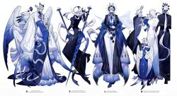 absurdres animal_ears black_dress carrying child child_carry colored_skin crrn dress eden_(crrn) gabriel_(crrn) high_heels highres lab_coat long_hair looking_at_another looking_at_viewer medium_hair nurse_(crrn) original rabbit_boy rabbit_ears rabbit_girl rei_(crrn) robe short_hair snake very_long_hair white_skin