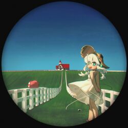 1girl :d aqua_eyes arms_behind_back autorefractor_test bare_arms bare_legs bare_shoulders blue_sky braid candy_snail_(porforever) commentary day digitan_(porforever) dress electric_plug electric_plug_tail english_commentary fang fence grass hair_between_eyes hat highres horizon house long_hair looking_at_viewer open_mouth original outdoors porforever robot_ears sky sleeveless sleeveless_dress smile solo star-shaped_pupils star_(symbol) straw_hat sundress symbol-shaped_pupils tail twin_braids white_dress