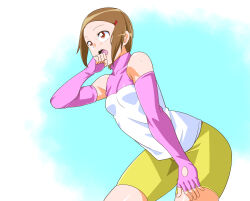 Rule 34 | 1girl, breasts, brown eyes, brown hair, digimon, digimon adventure 02, elbow gloves, fingerless gloves, gloves, hair ornament, hairclip, highres, mangakoge, open mouth, short hair, shorts, solo, sweat, yagami hikari, yellow shorts