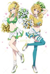 2girls ahoge artist_name blonde_hair blue_skirt blue_thighhighs blush breasts cheerleader cleavage cropped_shirt earrings elbow_gloves full_body glint gloves green_eyes green_shirt green_skirt hair_between_eyes hair_ornament hand_up heart highres holding holding_pom_poms hoshii_miki ibuki_tsubasa idolmaster idolmaster_(classic) idolmaster_million_live! idolmaster_million_live!_theater_days jewelry large_breasts long_hair looking_at_viewer loose_socks midriff miniskirt multiple_girls navel necklace oomura_karasu open_mouth pink_eyes pleated_skirt pom_pom_(cheerleading) pom_poms print_shirt sample_watermark shirt shoes short_hair short_sleeves simple_background single_earring skirt sleeveless sleeveless_shirt smile sneakers socks standing standing_on_one_leg star_(symbol) star_earrings star_hair_ornament star_print text_print thigh_strap thighhighs tied_shirt watermark white_background white_gloves white_socks wing_hair_ornament yellow_shirt