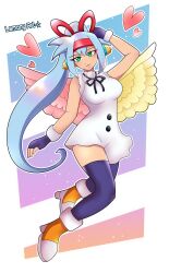 Rule 34 | absurdres, artist name, artlemony, ashe (mega man), bare shoulders, black thighhighs, blue hair, breasts, commission, cosplay, dress, feathered wings, full body, green eyes, high ponytail, highres, long hair, medium breasts, mega man (series), mega man zx, mega man zx advent, one piece, ponytail, thighhighs, uta (one piece), uta (one piece) (cosplay), white dress, wings