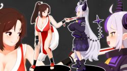 2girls :d ahoge bare_arms bare_legs bare_shoulders belt black_background black_belt black_bridal_gauntlets braid braided_bangs breasts bridal_gauntlets brown_eyes brown_hair cleavage eye_contact fatal_fury folded_fan folding_fan from_side hand_fan hand_on_own_knee happyundergate heart heart_in_mouth high_ponytail highres holding holding_fan hololive horns huge_breasts la+_darknesss leaning_forward long_hair long_sleeves looking_at_another multicolored_hair multiple_girls open_mouth outline pelvic_curtain pointy_ears ponytail purple_hair revealing_clothes shiranui_mai simple_background sleeves_past_fingers sleeves_past_wrists smile snk streaked_hair striped_horns tail the_king_of_fighters two-tone_hair very_long_hair virtual_youtuber white_hair white_outline yellow_eyes zoom_layer