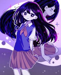 1girl arms_behind_back black_eyes black_hair breasts bright_pupils brown_skirt closed_eyes closed_mouth collared_shirt colored_skin cowboy_shot double-parted_bangs hair_behind_ear hair_between_eyes hand_on_own_arm highres looking_at_viewer mari_(headspace)_(omori) mari_(omori) medium_skirt migimiya_yoru multiple_views neckerchief omori outline pleated_skirt profile purple_background purple_sweater_vest red_neckerchief shirt short_sleeves simple_background sitting skirt small_breasts smile sparkle standing straight_hair sweater_vest u_u white_outline white_pupils white_shirt white_skin wind