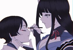 1boy 1girl applying_makeup armor blunt_bangs breasts bridal_gauntlets cleavage closed_eyes closed_mouth clothing_cutout eyeliner from_side genshin_impact hair_between_eyes hair_ornament hand_on_another&#039;s_cheek hand_on_another&#039;s_face hands_up highres holding holding_brush holding_makeup_brush japanese_clothes large_breasts long_hair looking_down makeup makeup_brush mother_and_son nararan_116 neck_ribbon off_shoulder raiden_shogun red_eyeliner red_ribbon ribbon scaramouche_(genshin_impact) scaramouche_(kabukimono)_(genshin_impact) short_hair shoulder_armor shoulder_cutout simple_background standing white_background