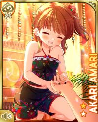 1girl amari_akari barefoot black_shirt black_shorts card_(medium) closed_eyes girlfriend_(kari) indoors looking_at_viewer multicolored_hair nail_polish official_art open_mouth ponytail qp:flapper red_eyes shirt short_hair shorts side_ponytail sidelocks smile solo spa streaked_hair tagme