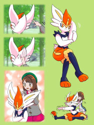 +_+ 1girl blush_stickers bob_cut brown_eyes brown_hair buttons cardigan cinderace commentary_request dress eyelashes gen_8_pokemon gloria_(pokemon) green_headwear grey_cardigan hat hood hooded_cardigan inoshikachou nintendo open_mouth pink_dress pokemon pokemon_(creature) pokemon_swsh short_hair smile sparkle tam_o&#039;_shanter tongue