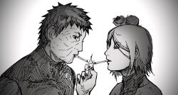 Rule 34 | 1boy, 1girl, bare shoulders, cigarette kiss, eyeshadow, flower, hair bun, hair flower, hair ornament, hetero, holding, holding lighter, konan (naruto), lighter, makeup, mouth hold, naruto (series), naruto shippuuden, short hair, single hair bun, sleeveless, tockytacky39, uchiha obito