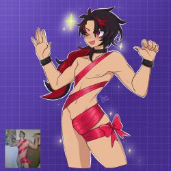 anime_chow black_hair bulge convenient_censoring dark_skin gift_wrapping highres kuro_kurenai kuro_kurenai_(2nd_costume) meme meme_attire multicolored_hair nude pirate red_eyes red_hair two-tone_hair vshojo