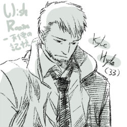 1boy cing hotel_dusk kyle_hyde lowres male_focus sketch solo