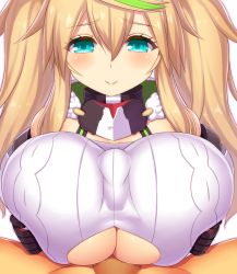 1boy 1girl asamura_hiori black_gloves blue_eyes blush breasts brown_hair censored choker cleavage_cutout closed_mouth clothing_cutout elbow_gloves gene_(pso2) gloves green_hair hair_between_eyes hetero highres large_breasts long_hair looking_at_viewer multicolored_hair paizuri paizuri_under_clothes penis phantasy_star phantasy_star_online_2 pov pov_crotch smile solo_focus streaked_hair twintails underboob upper_body