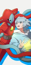 1boy :d absurdres blue_eyes commentary_request deoxys deoxys_(normal) eye_contact gen_3_pokemon grey_hair highres hood hood_down hoodie korean_commentary long_sleeves looking_at_another looking_back male_focus medium_hair mythical_pokemon nintendo open_mouth pokemon pokemon:_destiny_deoxys pokemon_(anime) pokemon_(creature) pokemon_rse_(anime) signature smile teeth tory_lund toto_(4xian) white_background