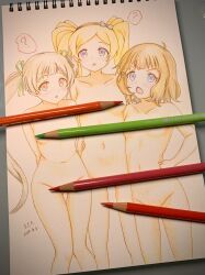 3girls ? absurdres blonde_hair blue_eyes breasts brown_hair character_request colored_pencil colored_pencil_(medium) completely_nude convenient_censoring highres idolmaster idolmaster_cinderella_girls iraren_san long_hair multiple_girls navel nude open_mouth pencil purple_eyes red_eyes short_hair short_twintails small_breasts standing straight_on suou_momoko traditional_media twintails very_long_hair