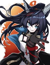 Rule 34 | 1girl, animal ear fluff, arknights, black gloves, black hair, blaze (arknights), blaze the igniting spark (arknights), blue eyes, breasts, bright pupils, cleavage, commentary request, crossed bangs, elbow gloves, from side, gloves, grin, haruuuu1185 (kubaharu), high ponytail, highres, large breasts, long hair, looking at viewer, looking to the side, ponytail, shirt, smile, solo, w, white pupils, white shirt