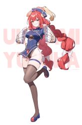 Rule 34 | 1girl, absurdres, alternate costume, braid, brown leotard, brown thighhighs, character name, floating hair, full body, green eyes, grin, highres, leotard, leotard under clothes, long hair, long sleeves, looking at viewer, low twin braids, low twintails, no panties, red hair, shoes, simple background, smile, solo, standing, standing on one leg, taiyaki12, thighhighs, twin braids, twintails, ukinami yuzuha, very long hair, white background, wide sleeves, zenless zone zero