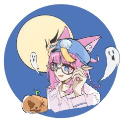 Rule 34 | 1girl, alternate costume, animal ear fluff, animal ears, bespectacled, blue eyes, blue hat, chinese commentary, commentary request, elysia (honkai impact), ghost, glasses, hair ornament, hat, highres, honkai (series), honkai impact 3rd, kemonomimi mode, medium hair, open mouth, pink hair, pink pupils, pointy ears, pumpkin, rio (user kzxp8757), shirt, smile, solo, white shirt