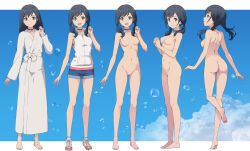 1girl amano_hina_(tenki_no_ko) ass bare_shoulders black_choker breasts choker commentary_request completely_nude full_body grey_eyes grey_hair highres hood hoodie long_hair multiple_views nanikairu navel no_nipples no_pussy nude revision robe shorts sleeveless sleeveless_hoodie small_breasts standing standing_on_one_leg tenki_no_ko twintails