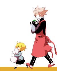 2boys apron arakune bad_id bad_pixiv_id basket black_pants blazblue blonde_hair character_doll chibi dead_spike doll kisaragi_jin kuro_yuzu lao_jiu multiple_boys pants ragna_the_bloodedge silver_hair aged_down