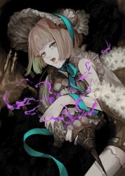 1boy absurdres alternate_costume bad_id bad_pixiv_id blunt_bangs bob_cut brown_hair cage cape dress expressionless fur-trimmed_cape fur_trim green_eyes green_hair green_ribbon gretel_(sinoalice) hansel_(sinoalice) headdress highres holding holding_cage looking_at_viewer multicolored_hair open_mouth ribbon ribbon_around_head s_t_e_r_n short_hair simple_background sinoalice thighhighs trap two-tone_hair white_thighhighs zettai_ryouiki