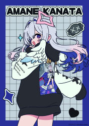 1girl :d amane_kanata artist_self-reference black_hoodie blue_border blue_hair blush border character_name clothes_writing commentary_request cowboy_shot dated floating_hair from_behind grey_background grey_hair grid_background hair_between_eyes hair_intakes highres hololive hood hood_down hoodie long_hair long_sleeves looking_at_viewer looking_back multicolored_hair neki_(wakiko) open_mouth puffy_long_sleeves puffy_sleeves purple_eyes sleeves_past_fingers sleeves_past_wrists smile solo standing twitter_username two-tone_hair very_long_hair virtual_youtuber